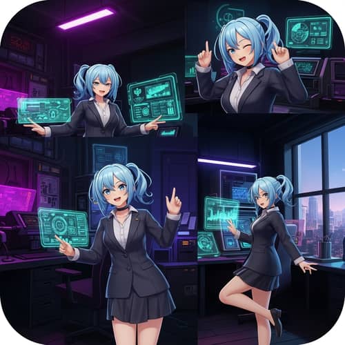 3D Anime Software Engineer in Cyberpunk Office | Sky-Blue Hair