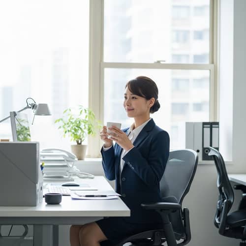 Office Worker Enjoying Coffee Break in Modern Workspace
