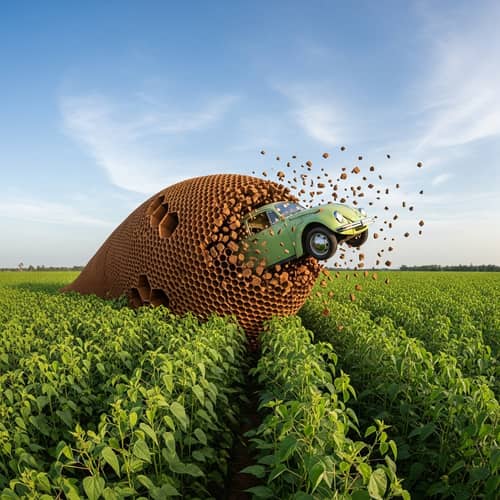 Green Car Emerging from Brown Honeycomb Structure