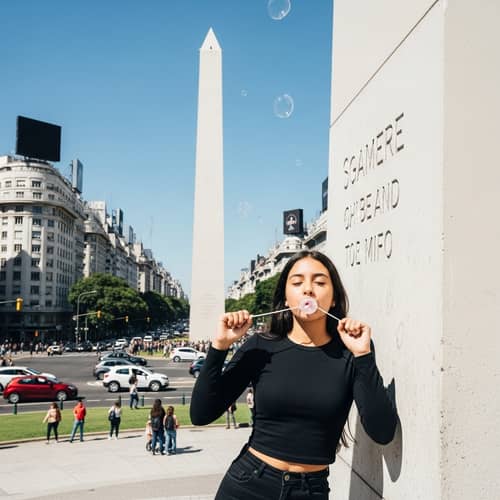 Latina Girl Enjoying Bubblegum at Buenos Aires Obelisk