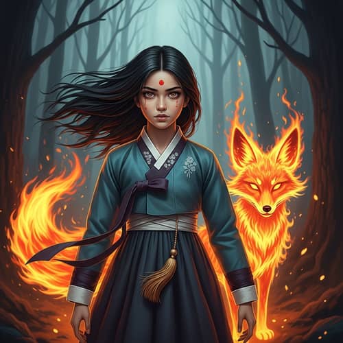 South Asian Girl in Fiery Hanbok | Enigmatic Forest Setting