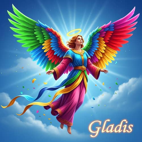 Colorful Angel Gladis Soaring in Radiant Blue Sky