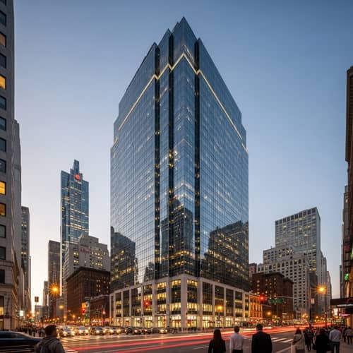 Modern Glass Office Building in Vibrant Cityscape