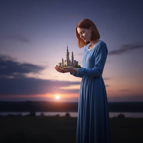 Giantess Woman Holding Miniature City in Hands