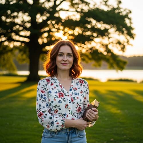 Redhead Woman in Lush Green Park at Golden Hour | Vintage Book