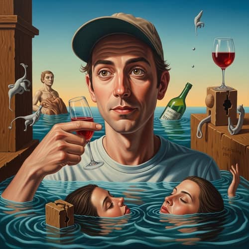 Surrealistic Artwork of Man Drowning in Addiction Emotions