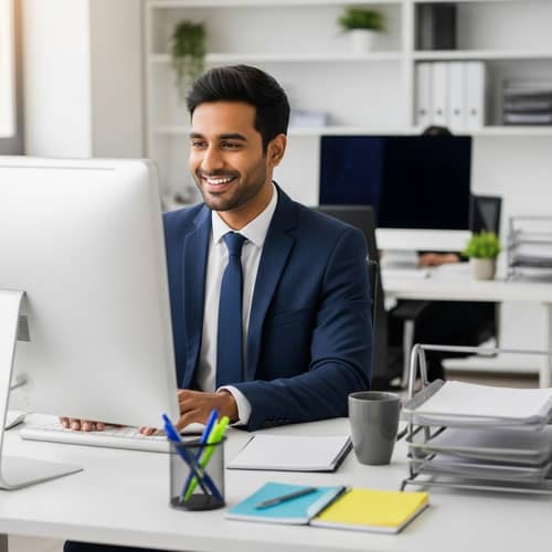 South Asian Entrepreneur Thriving at Office Desk