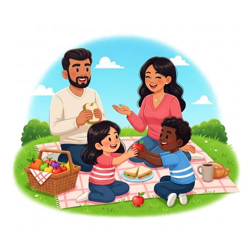 Diverse Family Picnic Illustration with Playful Vibe