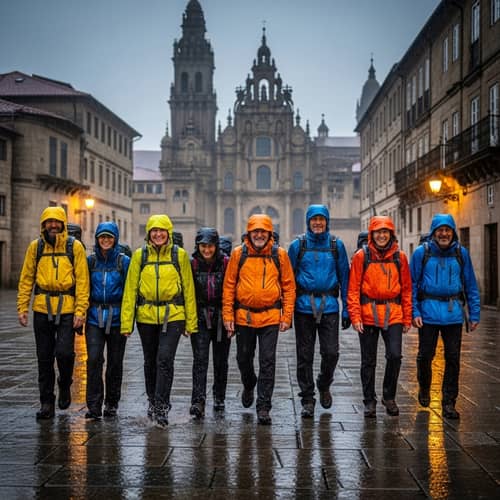 Hiking Enthusiasts Reaching Santiago de Compostela in Pouring Rain
