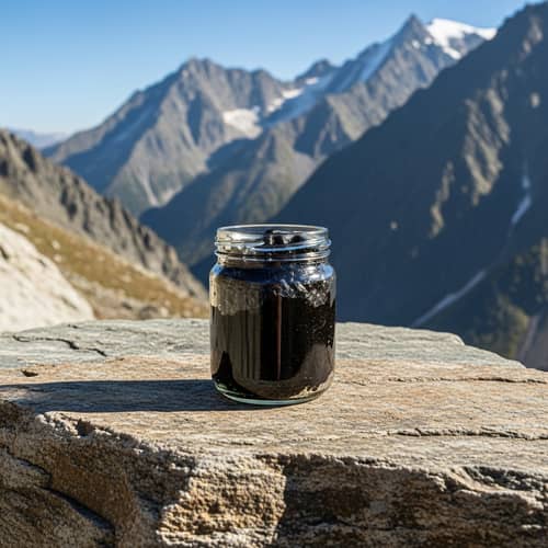 Black Shilajit Jar on Rock Table in Mountains