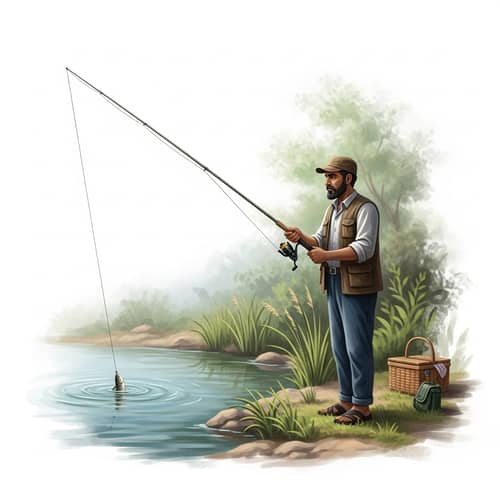 Tranquil Middle-Eastern Man Fishing by Calm River