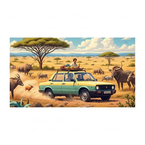 Vintage Fiat Safari Automobile in Soft Pastel Colors on African Savannah