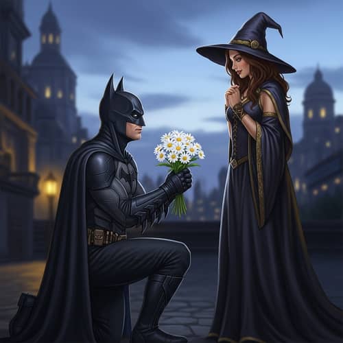 Enchanting Twilight Encounter: Vigilante and Witch with White Daisies