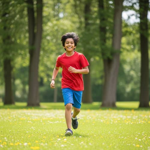 Joyous South Asian Teen Boy Running in Summer Field