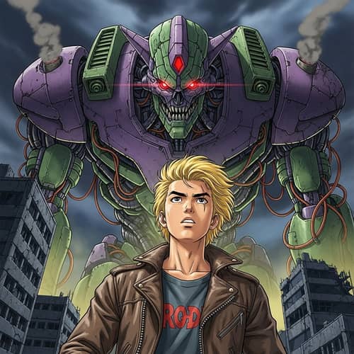 Asian Man with Blond Hair and Colossal Biomechanical Entity in Purple and Green