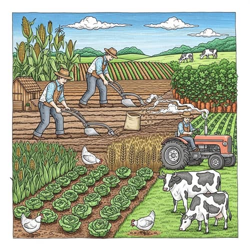 Hand-drawn Farmer Doodle in Agricultural Scene