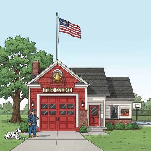 Traditional Fire Station with Red Door and Brass Bell