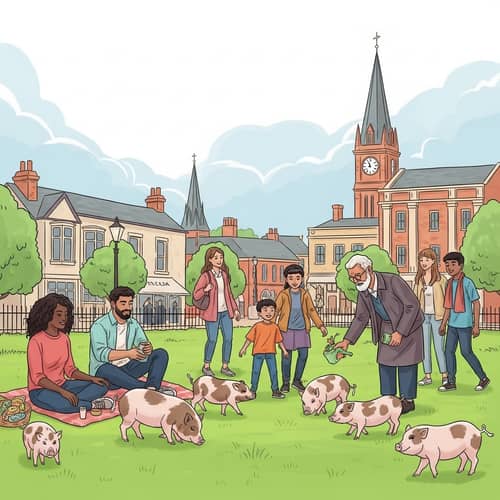 Quaint Countryside City with Playful Mini Pigs and Diverse Community