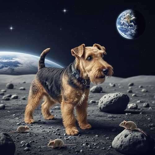 Cheerful Welsh Terrier Dog on Moon: Energetic Space Hunter