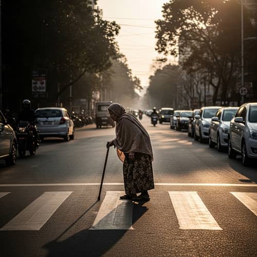 Elderly South Asian Woman Crossing Busy City Street