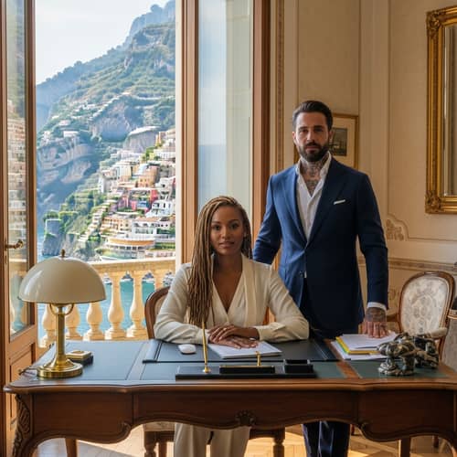 Elegant African American Woman and Italian Husband in Old-Fashioned Italian Villa