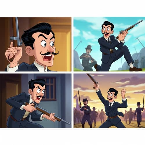 Vintage Cartoon Character Engaging in Historical Events