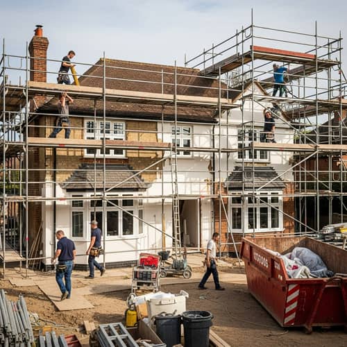 House Renovation with Workers and Scaffolding