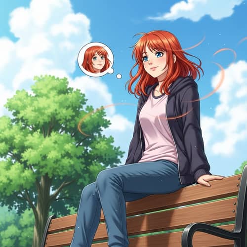 Vibrant Red-Haired Teenager Lost in Daydreams | Park Scene