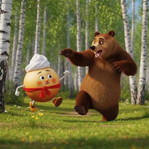 Action Scene: Kolobok and Bear Chase in Russian Forest