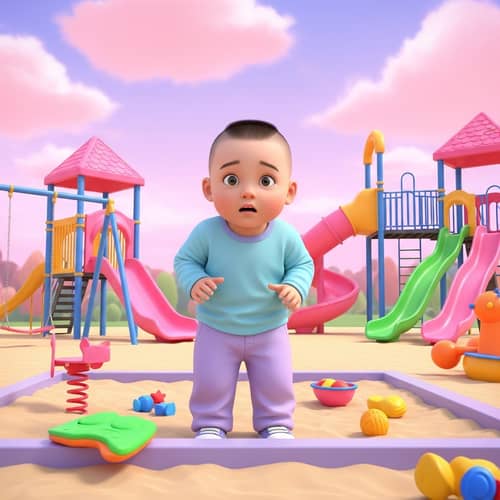 Scared East Asian Boy at Colorful Playground