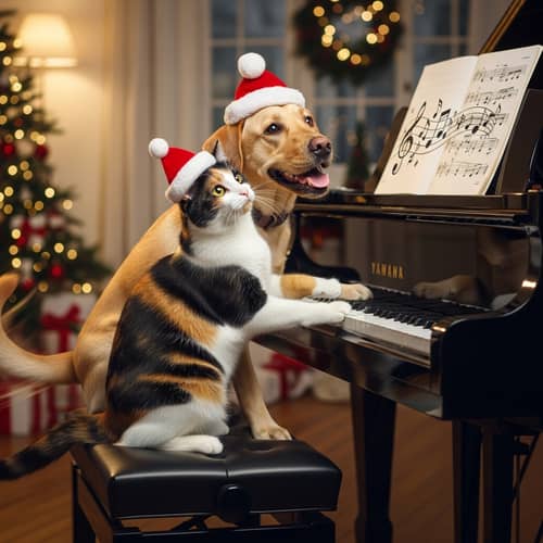 Joyful Cat and Dog in Christmas Hats Playing Piano Together