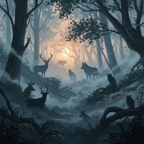 Enigmatic Foggy Forest with Animal Silhouettes