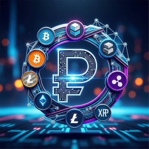 Stylized Digital Ruble Logo with Blockchain Symbols