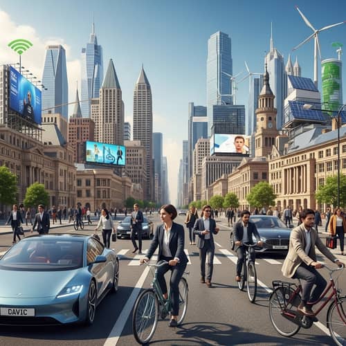 Diverse Contemporary City Scene: Skylines, People, and Technology