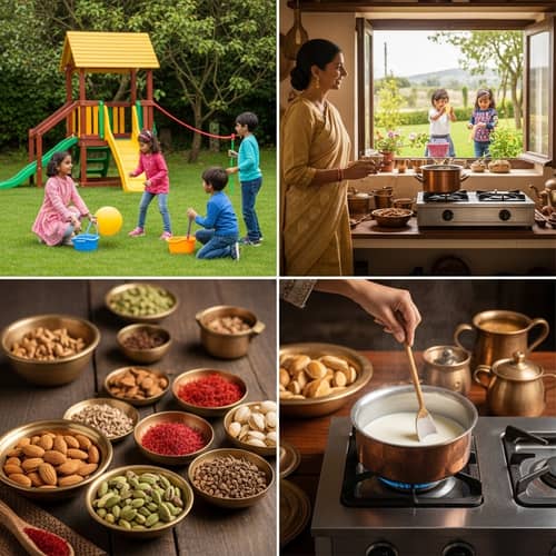 Traditional Indian Kitchen with Kids Playing in Vibrant Garden