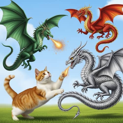 Playful Cat Engaging with Exotic Dragons