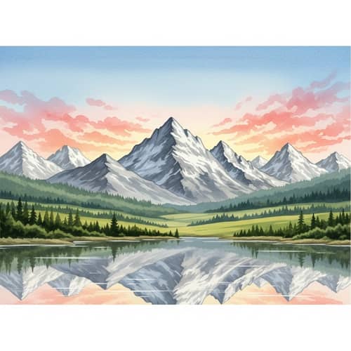 Serene Landscape Painting of Majestic Mountains in Watercolor