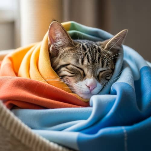 Adorable Cat in Colorful Fabric - Snoozing Cutie