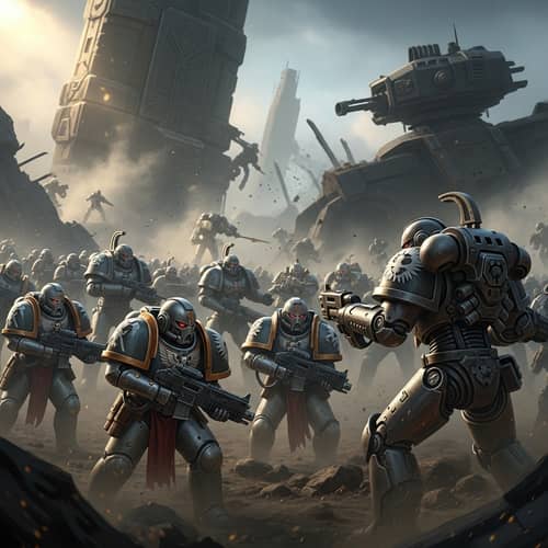Sci-Fi Battle Scene: Human Military vs Metallic Adversaries