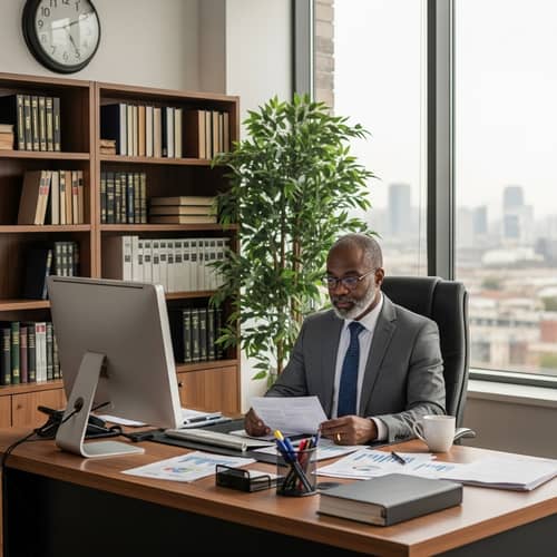 Professional African American Man in Office Setting | Cityscape View