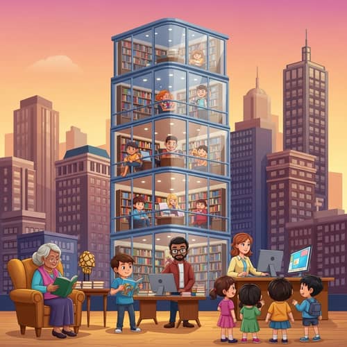 Urban Sunset Cityscape Bookstore | Diverse Patrons Reading & Engaging