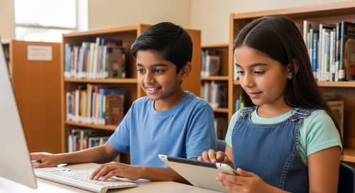 School Library Kids - Computers and Tablets Learning Scene