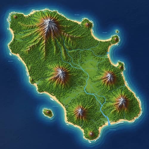 Mid-Size Pacific Island Topographical Map with Lush Vegetation and Mountain Ranges