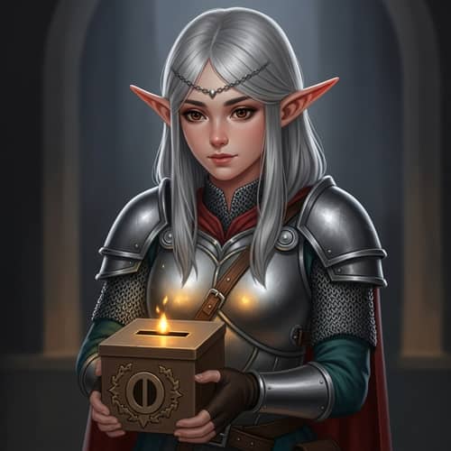 Ten-Year-Old Elf Girl in Chain Mail with Donation Box | Fantasy Adventure Scene