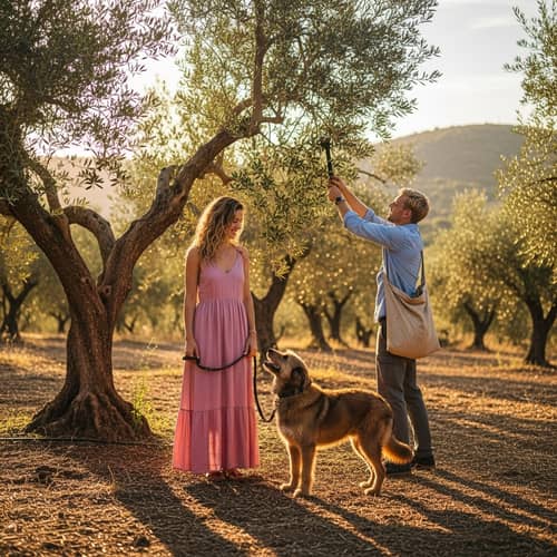 Caucasian Woman in Pink Dress & Dog in Olive Grove Caucasian Woman in Pink Dress & Dog in Olive Grove
