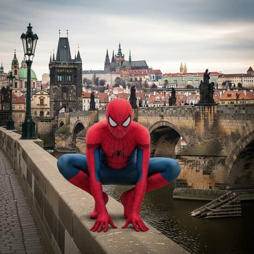 Spider Superhero on Historic Gothic Bridge in Iconic European City