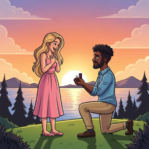 Romantic Sunset Proposal Illustration | Charming Cartoon Art