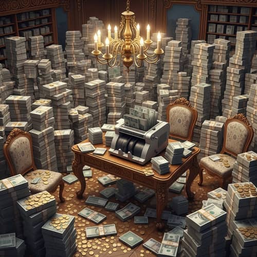 Global Currency Room Filled with Money Stacks & Coins