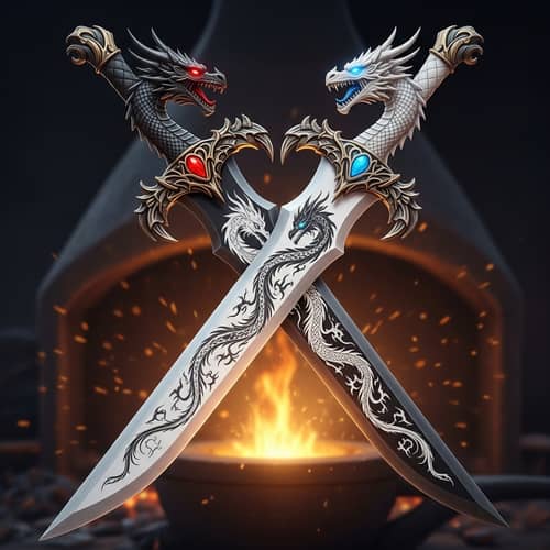 Dragon Motif Twin Swords - Black and White Blades