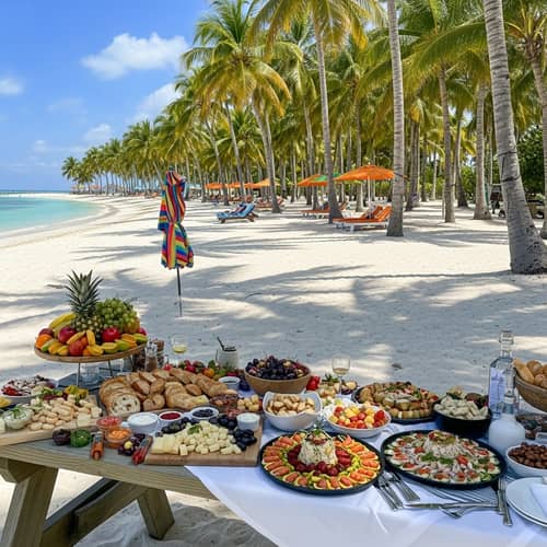 Idyllic Beach Scene with Gourmet Food Spread